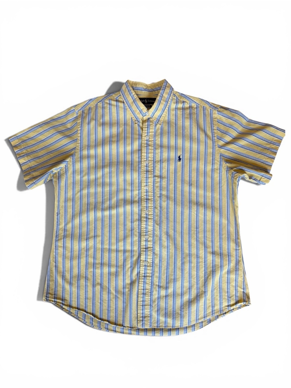 Ralph Lauren Mens Yellow, Blue & White Striped Short-Sleeve Button-Down Shirt
